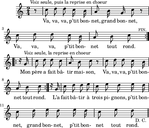 
\layout {
  indent = #10
  line-width=12\cm

}
 \relative c'' {
 \time 2/4
 \autoBeamOff
 \set Score.tempoHideNote = ##t
 \tempo 4 = 110
 \set Staff.midiInstrument = #"piccolo"
\partial 8 b8\rest^\markup{\hspace #-2
  \italic Voix seule, puis la reprise en choeur} | c8 d d c16 b| a8 b16 g c8 b\rest 
| c8 d d c16 b | a8 b c^\markup{\hspace #5 
  \smallCaps fin.} \bar  ":|.|:" d16\rest g,16^\markup{\italic Voix seule, la reprise en choeur} | c8 d d c
a8 b8 c b\rest | c8 d d c16 b | a8 b c   \bar ":|." d16\rest g,
c8 d d e | c e d e16 d | c8 d16 e d8 e16 d
c8 e d_\markup{\hspace #2
  "D. C." } \bar "||"
}
\addlyrics { Va, va, va, p’tit bon- net, grand bon- net,
Va, va, va, p’tit bon- net tout rond.
Mon père a fait bâ- tir 
mai- son, Va, va, va, p’tit bon- net tout rond. L’a
fait bâ- tir à trois pi- gnons, p’tit bon- net, grand bon- net, p’tit bon- net tout rond. 
} 
