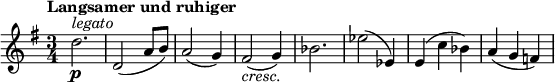 
{\ new PianoStaff << \ new Staff \ relative d '' {\ set Staff.midiInstrument = # "string ensemble 1" \ key g \ major \ clef treble \ time 3/4 \ set Score.tempoHideNote = ## t \ tempo "Langsamer und ruhiger" 4 = 180 d2. ^ \ markup {\ italic legato} \ p |  % 2 d, 2 (a'8 b8) |  % 3 a2 (g4) |  % 4 fis2_ \ markup {\ crescente itálico.  } (g4) |  % 5 bes2.  |  % 6 es2 (es, 4) |  % 7 e4 (c'4 bes4) |  % 8 a4 (g4 f4)} >>}
