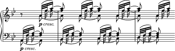 
 \relative c' {
  \new PianoStaff <<
   \new Staff \with { \remove "Time_signature_engraver" } { \key bes \major \time 2/4 \partial 4
    <<
     {
      b'8\rest a32_\markup { \dynamic p \italic cresc. } ( f' a16)~ <a f>8 a,32[( f' a16)]~ <a f>8
      a,32[( f' a16)]~ <a f>8 a,32[( f' a16)]
     }
    \\
     {
      \autoBeamOff
      s8 s32 f32~ f16~ \hideNotes f8 \unHideNotes
      s32 f32~ f16~ \hideNotes f8 \unHideNotes
      s32 f32~ f16~ \hideNotes f8 \unHideNotes
      s32 f32~ f16
     }
    \\
     {
      \autoBeamOff s8 \stemDown a,8_\( \once \override NoteColumn #'force-hshift = #0.1 a\)
      a_\( \once \override NoteColumn #'force-hshift = #0.1 a\)
      a_\( \once \override NoteColumn #'force-hshift = #0.1 a\) a
     }
    >>
   }
   \new Staff \with { \remove "Time_signature_engraver" } { \key bes \major \time 2/4 \partial 4 \clef bass
    <<
     {
      a,,32_\markup { \dynamic p \italic cresc. }[ ( f' a16)]~ <a f>8 bes,32[( f' a16)]~ <a f>8
      c,32[( f a16)]~ <a f>8 d,32[( f a16)]~ <a f>8
     }
    \\
     {
      \autoBeamOff
      s32 f32~ f16~ \hideNotes f8 \unHideNotes
      s32 f32~ f16~ \hideNotes f8 \unHideNotes
      s32 f32~ f16~ \hideNotes f8 \unHideNotes
      s32 f32~ f16~ \hideNotes f8
     }
    \\
     {
      \autoBeamOff \stemDown a,8_\( \once \override NoteColumn #'force-hshift = #0.1 a\)
      bes_\( \once \override NoteColumn #'force-hshift = #0.1 bes\)
      c_\( \once \override NoteColumn #'force-hshift = #0.1 c\)
      d_\( \once \override NoteColumn #'force-hshift = #0.1 d\)
     }
    >>
   }
  >>
 }
