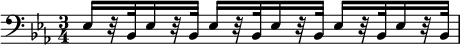 { \time 3/4 \key ees \major \clef bass \repeat unfold 3 { ees16[ r32 bes, ees16 r32 bes,] } }