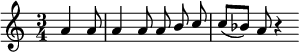 
\language "italiano"
porteeA = \relative do'' {
   \time 3/4
   \autoBeamOff \stemUp
   \partial 4. la4 la8 | la4 la8 la si do | do[( sib]) la r4
}
\score { \porteeA
  \layout {
    \context { \Staff \RemoveEmptyStaves }
    indent = 0\cm
    line-width = #120
    \override Score.BarNumber #'stencil = ##f
  }
  \midi { }
}
\header { tagline = ##f}
