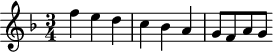 
\header {
  tagline = ##f
}

\score {
  \new Staff \with {

  }
<<
  \relative c'' {
    \key f \major
    \time 3/4
    \override TupletBracket #'bracket-visibility = ##f 
    \autoBeamOff

     %%%%%%%%%%%%%%%%%%%%%%%%%% 1d
     f4 e d c bes a g8[ f a g]

  }
>>
  \layout {
    \context {
      \remove "Metronome_mark_engraver"
    }
  }
  \midi {}
}
