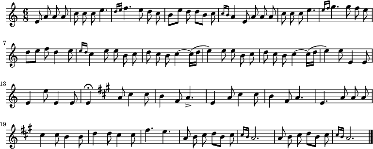 
\relative c' {
  \key a \minor
  \time 6/8
  \partial 2
  \autoBeamOff
  e8 a a a
  c c c e4.
  \grace {  d16[ e] } f4. e8 d c
  b[ e] d d[ b] c
  \grace { c16[ b] } a4 e8 a a a
  c c c e4.

  \grace { e16[ f] } g4. g8 f e
  d[ e] f d4 e8
  \grace { e16[ d] } c4 e8 e b c
  d c b c4~ c16[( d]
  e4) e8 e b c
  d c b c4~ c16[( d]

  e4) e8 e,4 e8
  e4 e'8 e,4 e8
  e4\fermata \key a \major a8 cis4 cis8
  b4 fis8 a4.->
  e4 a8 cis4 cis8
  b4 fis8 a4.
  e a8 a a
  cis4 cis8 b4 b8

  d4 d8 cis4 cis8
  fis4. e
  a,8 b cis d[ b] cis
  \grace { cis16[ b] } a2.
  a8 b cis d[ b] cis
  \grace { cis16[ b] } a2.
  \bar "|."
}
