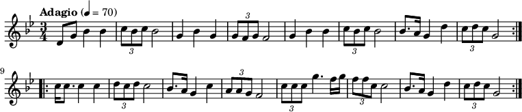 
{
% 0
\numericTimeSignature \tempo "Adagio" 4 = 70 \time 3/4 \key g \minor
\repeat volta 2 {

d'8 g'8 bes'4 bes'4 \times 2/3 {c''8 [bes'8 c''8]} bes'2 g'4 bes'4 g'4 \times 2/3 {g'8 [f'8 g'8]} f'2
 g'4 bes'4 bes'4 \times 2/3 {c''8 [bes'8 c''8]} bes'2 bes'8. a'16 g'4 d''4 \times 2/3 {c''8 [d''8 c''8]} g'2

}
\repeat volta 2 {
c''16 c''8. c''4 c''4 \times 2/3 {d''8 [c''8 d''8]} c''2 bes'8. a'16 g'4 c''4 \times 2/3 {a'8 [a'8 g'8]} f'2 \times 2/3 {c''8 [c''8 c''8]} g''4. f''16 g''16 \times 2/3 {f''8 [f''8 c''8]} c''2 bes'8. a'16 g'4 d''4 \times 2/3 {c''8 [d''8 c''8]} g'2
}
}
