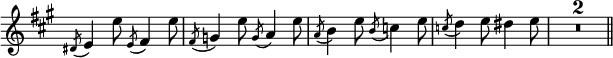 { \override Score.TimeSignature #'stencil = ##f \time 3/4 \key a \major \relative e' { \acciaccatura dis8 e4 e'8 \acciaccatura e,8 fis4 e'8 | \acciaccatura fis,8 g4 e'8 \acciaccatura g,8 a4 e'8 | \acciaccatura a,8 b4 e8 \acciaccatura b8 c4 e8 | \acciaccatura c8 d4 e8 dis4 e8 | \compressMMRests R2.*2 \bar "||" } }