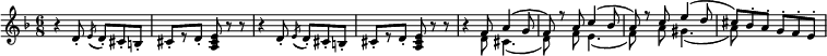   \new Staff \with { midiInstrument = "fx 1 (rain)" \magnifyStaff #5/7 }  \relative d' {     \set Score.tempoHideNote = ##t    \key d \minor    \time 6/8    \tempo 4. = 84     r4 d8-. \acciaccatura e (d-.) cis-. b-. cis-.[ r d-.] <a cis e> r r r4 d8-. \acciaccatura e (d-.) cis-. b-. cis-.[ r d-.] <a cis e> r r r4     << {       \voiceOne       f'8 a4 (g8 f)      } \new Voice {       \voiceTwo       d8 cis4. (d8)      }     >> r8 << {       \voiceOne       a'8 c4 (bes8 a)      } \new Voice {       \voiceTwo       f8 e4. (f8)      }     >> r8 << {       \voiceOne       c'8 e4 (d8 cis)      } \new Voice {       \voiceTwo       a8 gis4. (a8)      }     >>   bes-. a-. g-. f-. e-.  }  \layout {    \context {      \Score      \override SpacingSpanner.base-shortest-duration = #(ly:make-moment 1/16)    }  }