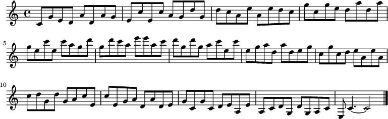 
{

\modalTranspose c c' { c d e g a } { c8 g e d a } 
\modalTranspose c d' { c d e g a } { c g e d a } 
\modalTranspose c e' { c d e g a } { c g e d a } 
\modalTranspose c g' { c d e g a } { c g e d a } 
\modalTranspose c a' { c d e g a } { c g e d a } 
\modalTranspose c c'' { c d e g a } { c g e d a } 
\modalTranspose c d'' { c d e g a } { c g e d a } 
\modalTranspose c e'' { c d e g a } { c g e d a } 
\modalTranspose c g'' { c d e g a } { c g e d a } 

\modalInversion c e''' { c d e g a } { c g e d a } 
\modalInversion c d''' { c d e g a } { c g e d a } 
\modalInversion c c''' { c d e g a } { c g e d a } 
\modalInversion c a'' { c d e g a } { c g e d a } 
\modalInversion c g'' { c d e g a } { c g e d a } 
\modalInversion c e'' { c d e g a } { c g e d a } 
\modalInversion c d'' { c d e g a } { c g e d a } 
\modalInversion c c'' { c d e g a } { c g e d a } 
\modalInversion c a' { c d e g a } { c g e d a } 
\modalInversion c g' { c d e g a } { c g e d a } 
\modalInversion c e' { c d e g a } { c g e d a } 
\modalInversion c d' { c d e g a } { c g e d a } 

c'4.~ c'2

\bar "|."
}
