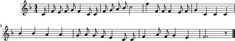 
music = {
    \language "english"
    {
        { \new PianoStaff <<
            { \new Staff <<
                \set Staff.midiInstrument = "violin"
                \relative c' {
                    \autoBeamOff
                    \set Score.tempoHideNote = ##t \tempo 4 = 100
                    \key f \major
                    \time 4/4 \numericTimeSignature
                    
                    \stemUp \partial 8 c8 |
                    f e f g f4 c8 c |
                    f g a bf \stemDown c2 |
                    f4 \stemUp f,8 f f4 e8 f |
                    
                    g4 c, c c |
                    bf' bf a a |
                    g8 a g f e4 c8 c |
                    f4 a8 f g4 e |
                    f2. r8 |
                    \bar "|."
                }
            >> }
        >> }
    }
}
\header {
    tagline = "" % no footer
}
\score {
  \music
  \layout { }
}
\score {
  \unfoldRepeats {
    \music
  }
  \midi { }
}
