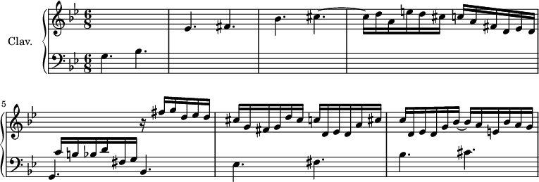 
\version "2.18.2"
\header {
  tagline = ##f
}

temaCrossK   = { \change Staff = "lower" g,4. bes \change Staff = "upper" ees fis bes cis~ }
temaCr       = { g,4. bes ees fis bes  cis }

upper = \relative c'' {
  \clef treble 
  \key g \minor
  \time 6/8
  \tempo 4. = 58
  \set Staff.midiInstrument = #"acoustic grand"

    \temaCrossK cis16 d a e' d cis c a fis d ees d 
    % ms. 5
    \stemUp \change Staff = "lower" c16 b bes d fis, g \change Staff = "upper" r16 fis''16 g d ees d | cis g fis g d' cis c d, ees d a' cis~ |
    % m. 7
    c16 d, ees d g bes~ bes a e bes' a g

}

lower = \relative c' {
  \clef bass
  \key g \minor
  \time 6/8
  \set Staff.midiInstrument = #"acoustic grand"

    % *****************************
    s2.*4 \temaCr

} 

thePianoStaff = \new PianoStaff <<
    \set PianoStaff.instrumentName = #"Clav."
    \new Staff = "upper" \upper
    \new Staff = "lower" \lower
  >>

\score {
  \keepWithTag #'print \thePianoStaff
  \layout {
      #(layout-set-staff-size 17)
    \context {
      \Score
     \override SpacingSpanner.common-shortest-duration = #(ly:make-moment 1/2)
      \remove "Metronome_mark_engraver"
    }
  }
}

\score {
  \keepWithTag #'midi \thePianoStaff
  \midi { }
}
