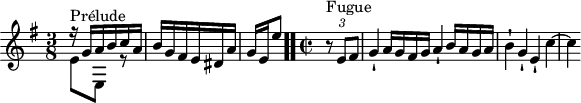 
\version "2.18.2"
\header {
  tagline = ##f
}

\score {
  \new Staff \with {

  }
<<
  \relative c'' {
    \key e \minor
    \time 3/8
	\set Staff.midiInstrument = #"harpsichord" 
    \override TupletBracket.bracket-visibility = ##f

     %% INCIPIT CBT II-10, BWV 879, mi mineur
     << { r16^\markup{Prélude} g a b c a b g fis e dis a' | \once \override Staff.TimeSignature #'stencil = ##f \time 2/8 g16[ e e'8] } \\ { e,8 e, r8 } >> \bar ".." 
     \time 2/2 \partial 4
     s4*0^\markup{Fugue} \tuplet 3/2 { r8 e' fis } g4-! a16 g fis g a4-! b16 a g a b4-! g-! e-! c'4~ c
  }
>>
  \layout {
     \context { \Score \remove "Metronome_mark_engraver" \override SpacingSpanner.common-shortest-duration =
        #(ly:make-moment 1/2) }
  }
  \midi {}
}
