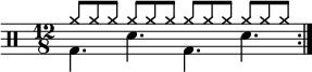 
  \new Staff <<
    \new voice \relative c' {
      \clef percussion
      \numericTimeSignature
      \time 12/8
      \set Score.tempoHideNote = ##t \tempo 4. = 80
      \stemDown \repeat volta 2 { g4. d' g, d' }
    }
    \new voice \relative c'' {
      \override NoteHead.style = #'cross
      \stemUp \repeat volta 2 { a8 a a a a a a a a a a a }
    }
  >>