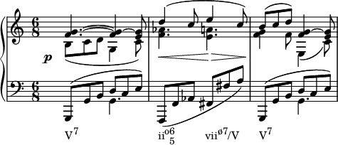  {
   #(set-global-staff-size 16)
   \new PianoStaff <<
      \new Staff <<
         \new Voice \relative c' {
             \stemUp \clef treble \key c \major \time 6/8
             <f g>4.^~ <f g>4^~ <e g>8
             d'4^( c8 e4 c8)
             b^( c d) <f, g>4^~ <e g>8
             }
         \new Voice \relative c' {
             \stemDown
              \override DynamicText.X-offset = #-4
              \override DynamicLineSpanner.staff-padding = #4
              b8_(\p c d g,4 c8)
             <f aes>4.\< <e a>4.\>
             <f g>4\! f8 e,4_( c'8)
              }
            >>
     \new Staff <<
         \new Voice \relative c, {
             \clef bass \key c \major \time 6/8
             \stemUp g8^( g' b d c e)
             \stemNeutral f,,( f' aes fis fis' a)
             \stemUp g,,8^( g' b d c e)
             }
         \new Voice \relative c {
             \stemDown
             s4._\markup { \concat { "V" \raise #1 \small "7" \hspace #16 "ii" \raise #1 \small "o" \combine \raise #1 \small 6 \lower #1 \small 5 \hspace #6 "vii" \raise #1 \small "ø7" "/V" \hspace #4 "V" \raise #1 \small "7" } }  g s2. s4. g
             }
         >>
    >>

}
