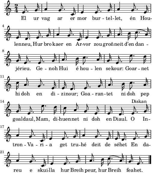 
\score {
 \version "2.18.2"
 \new Staff {
  \relative c'{
    \clef treble
    \key c \major
    \autoBeamOff
    \time 2/4
    \partial 16*4
    e8. g16 a4 g8. c,16 | e4 e8. g16 | a4 g8. e16 | \break
    e d8. e8. g16 | a4 g8. c,16 | e4 e8. g16 | a8. b16 c8.( a16) | \break
    g e8. e8. g16 | a8. b16 c8. a16 | g e8. e'8. d16 | \break
    c a8. g8. e16 | e d8. e8. g16 | a8. b16 c8. a16 | \break
    g e8. e'8. d16 | c8 a g e | e16 d8. e8.^\markup {Diskan} g16 | \break
    a4 g8. c,16 | e4 e8. g16 | a4 g8. e16 | e d8. e8. g16 | \break
    a4 g8. c,16 | e4 e8. g16 | a8. b16 c8.( a16) | g e8. \bar "|."
  }
  \addlyrics {
    El ur vag ar er mor bur -- tel -- let, én Hou --
    len -- neu, Hur bro kaer en Ar -- vor zou groñ -- neit d’en dan --
    jé -- rieu. Ge -- noh Hui é hou -- len se -- kour: Goar -- net
    hi doh en di -- zi -- nour; Goa -- ran -- tet ni doh pep
    goal -- daul, Mam, di -- huen -- net ni doh en Diaul. O In --
    tron -- Va -- ri -- a get tru -- hé deit de sé -- het En da --
    reu e skui -- lla hur Breih peur, hur Breih fea -- het.
  }
 }
 \layout {
   indent = #00
   line-width = #123
 }
 \midi { }
}
\header { tagline = ##f }
