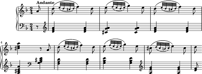 
\version "2.18.2"
\header {
 tagline = ##f
}
upper = \relative c'' {
 \key f \major
 \time 2/4
 \tempo "Andante"
 \tempo 4 = 50
 \partial 8 a8^ \markup \bold {{"Andante"}} d (\grace {e32 _\(d cis d\)} f4) d8
 e8 (\grace {f32 _\(e d e\)} g4) e8
 d8 (\grace {e32 _\(d cis d\)} f4) d8
 <cis e a>4 r8 a
 d ( \grace {e32 _\(d cis d\)} f4) d8
 e8 (\grace {f32 _\(e d e\)} g4) e8
 cis8 (\grace {d32 _\(cis b cis\)} e4) cis8
 d
 } 
lower = \relative c {
 \clef bass 
 \key f \major
 \time 2/4
 \partial 8 r8 \clef treble <d' f a>4 <d f a>
 <cis g' a> <cis g' a>
 <d f a>4 <d f a> <a cis e a> \clef bass 
 <g a cis e> <f a d> <f a d> 
 <g bes e> <g bes e> \clef treble
 <a e' g> <a e' g> <d f>8
 }
\score {
 \new PianoStaff << 
 \new Staff = "upper" \upper
 \new Staff = "lower" \lower
 >>
 \layout {
 \context {
 \Score
 \remove "Metronome_mark_engraver"
 }
 }
 \midi { }
}
