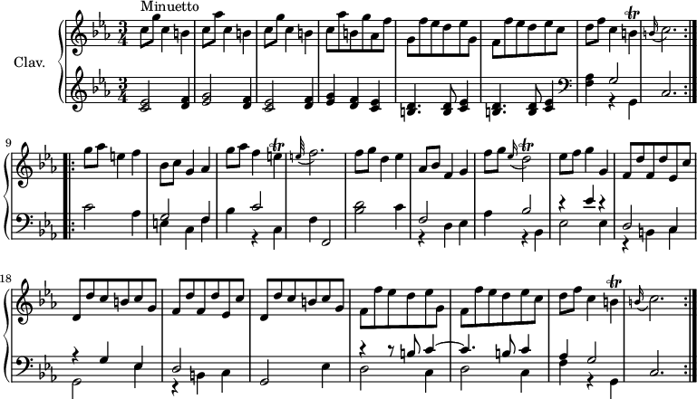 
\version "2.18.2"
\header {
 tagline = ##f
 % composer = "Domenico Scarlatti"
 % opus = "K. 40"
 % meter = "Minuetto"
}

%% les petites notes
trillE = { \tag #'print { e4\trill } \tag #'midi { f32 e f e~ e8 } }
trillB = { \tag #'print { b4\trill } \tag #'midi { c32 b c b~ b8 } }
trillDb = { \tag #'print { d2\trill } \tag #'midi { ees32 d ees d~ d8~ d4 } }
AppoFbp = { \tag #'print { \appoggiatura e32 f2. } \tag #'midi { e4 f2 } }
AppoCbp = { \tag #'print { \appoggiatura b16 c2. } \tag #'midi { b2 c4 } }

upper = \relative c'' {
 \clef treble 
 \key c \minor
 \time 3/4
 \tempo 4 = 84
 \set Staff.midiInstrument = #"harpsichord"
 \override TupletBracket.bracket-visibility = ##f

 \repeat volta 2 {
 s8*0^\markup{Minuetto}
 c8 g' c,4 b | c8 aes' c,4 b | c8 g' c,4 b | c8 aes' b, g' aes, f' | g, f' ees d ees g, |
 % ms. 6
 f8 f' ees d ees c | d f c4 \trillB \AppoCbp }%reprise
 % ms. 9
 \repeat volta 2 { g'8 aes e4 f | bes,8 c g4 aes | g'8 aes f4 \trillE | \AppoFbp |
 % ms. 13
 f8 g d4 ees | aes,8 bes f4 g | f'8 g \appoggiatura ees16 \trillDb | ees8 f g4 g, | \repeat unfold 2 { f8 d' f, d' ees, c' | d, d' c b c g } |
 % ms. 20
 f8 f' ees d ees g, | f f' ees d ees c | d f c4 \trillB \AppoCbp }%reprise

}

lower = \relative c' {
 \clef bass
 \key c \minor
 \time 3/4
 \set Staff.midiInstrument = #"harpsichord"
 \override TupletBracket.bracket-visibility = ##f

 \repeat volta 2 {
 % ************************************** \appoggiatura a8 \repeat unfold 2 { } \times 2/3 { } \omit TupletNumber 
 \clef treble < c ees >2 < d f >4 | < ees g >2 < d f >4 | < c ees >2 < d f >4 | < ees g >4 < d f > < c ees > | \repeat unfold 2 { < b d >4. q8 < c ees >4 } | \clef bass 
 % ms. 7
 < f, aes > << { g2 } \\ { r4 g, } >> | c2. } %reprise
 % ms. 9
 \repeat volta 2 { c'2 aes4 | << { g2 f4 | s4 c'2 } \\ { e,4 c f | bes r4 c,4 } >> f4 f,2 |
 % ms. 13
 < bes' d >2 c4 | << { f,2 s4 | s4 bes2 | r4 ees4 r4 | d,2 c4 | r4 g'4 ees } \\ { r4 d4 ees | aes r4 bes, | ees2 ees4 r4 b4 c | g2 ees'4 } >>
 % ms. 19
 << { d2 } \\ { r4 b4 c } >> g2 ees'4 | << { r4 r8 b'8 c4~ | c4. b8 c4 | aes4 g2 } \\ { d2 c4 | d2 c4 | f r4 g, } >> c2. }%reprise

}

thePianoStaff = \new PianoStaff <<
 \set PianoStaff.instrumentName = #"Clav."
 \new Staff = "upper" \upper
 \new Staff = "lower" \lower
 >>

\score {
 \keepWithTag #'print \thePianoStaff
 \layout {
 #(layout-set-staff-size 17)
 \context {
 \Score
 \override SpacingSpanner.common-shortest-duration = #(ly:make-moment 1/2)
 \remove "Metronome_mark_engraver"
 }
 }
}

\score {
 \unfoldRepeats
 \keepWithTag #'midi \thePianoStaff
 \midi { }
}
