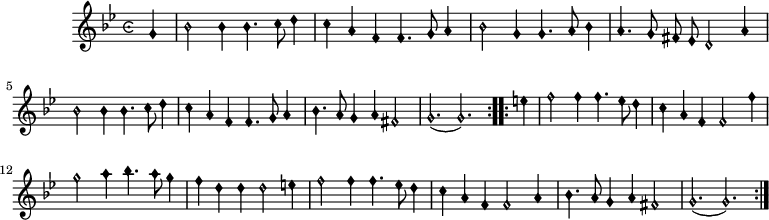 
music = {
    \language "english"
    {
        { \new PianoStaff <<
            { \new Staff <<
                \set Staff.midiInstrument = "violin"
                \override Staff.TimeSignature.style = #'single-number
                \relative c'' {
                    \autoBeamOff
                    \set Score.tempoHideNote = ##t \tempo 8 = 260
                    \clef "petrucci-b1"
                    \override Staff.TimeSignature.style = #'neomensural
                    \override NoteHead.style = #'petrucci 
                    \key g \minor
                    \time 6/4
                    
                    \repeat volta 2 {
                        \partial 4 g |
                        bf2 bf4 bf4. c8 d4 |
                        c a f f4. g8 a4 |
                        bf2 g4 g4. a8 bf4 |
                        a4. g8 fs ef d2 a'4 |
                        bf2 bf4 bf4. c8 d4 |
                        c a f f4. g8 a4 |
                        bf4. a8 g4 a fs2 |
                        g2.( g)
                    }
                    \repeat volta 2 {
                        \partial 4 e'4 |
                        f2 f4 f4. ef8 d4 |
                        c a f f2 f'4 |
                        g2 a4 bf4. a8 g4 |
                        f d d d2 e4 |
                        f2 f4 f4. ef8 d4 |
                        c a f f2 a4 |
                        bf4. a8 g4 a fs2 |
                        g2.( g)
                    }
                }
            >> }
        >> }
    }
}
\header {
    tagline = "" % no footer
}
\score {
  \music
  \layout { }
}
\score {
  \unfoldRepeats {
    \music
  }
  \midi { }
}
