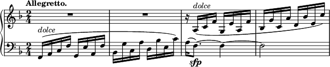 
 \relative c' {
  \new PianoStaff <<
   \new Staff { \key f \major \time 2/4 \tempo "Allegretto."
    R2 R2 r16 a^\markup \italic dolce ( c f g, e' a, f' bes, g' c, a' d, bes' e, c')
   }
   \new Staff { \key f \major \time 2/4 \clef bass
    f,,,16^\markup \italic dolce ( a c f g, e' a, f' bes, g' c, a' d, bes' e, c') a( f8._\sfp)~ f4~ f2
   }
  >>
 }
