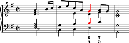 
\version "2.14.2"

\header {tagline = ##f}

upper = \relative c'' {
  \clef treble 
  \key g \major
  \time 2/2
  \tempo 4 = 92

      <<
         {
           \voiceOne
           s2 a4. b16 c d8 e c a \tweak NoteHead.color #red \tweak Stem.color #red g4 a8 g <g d b>2 }
           \new Voice {
           \voiceTwo
           s2 <d fis>4. s8 s4 e d fis }
       >>
}

lower = \relative c {
  \clef bass
  \key g \major

       <<
         {
           \voiceOne
           s2 <d fis a> g4 a \tweak NoteHead.color #red \tweak Stem.color #red b c g2 }
           \new Voice {
           \voiceTwo
           s2 c, b4 c d2 g, }
       >>
}

\score {
  \new PianoStaff <<
    \new Staff = "upper" \upper
    \new Staff = "lower" \lower
    \new FiguredBass {\figuremode 
    { r1 r2 <6 4>4 <7 5 > }
  }
  >>
  \layout {
    \context {
      \Score
      \remove "Metronome_mark_engraver"
    }
  }
  \midi { }
}
