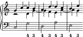 
\version "2.14.2"
\header {
  tagline = ##f
}
upper = \relative c'' {
  \override Score.TimeSignature.stencil=##f
%  \override Score.BarLine.break-visibility = #all-invisible
  \clef treble 
  \key c \major
  \time 2/2
  \tempo 2 = 60

<< {g4 c ~ c b a d ~ d c b e ~  } \\ {r2 d,4 g ~ g f e a ~ a g } >>

}
lower = \relative c {
  \clef bass
  \key c \major
c2 g' d a' e 
}

\score {
  \new PianoStaff <<
    \new Staff = "upper" \upper
    \new Staff = "lower" \lower
    \new FiguredBass { \figuremode { r2 <4>4 <3> <4> <3> <4> <3> <4> <3> } }
  >>
  \layout {
    \context {
      \Score
      \remove "Metronome_mark_engraver"
    }
  }
  \midi { }
}
