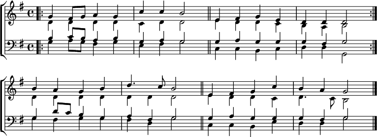 
{ \new ChoirStaff <<
  \new Staff << 
    \new Voice \relative c'' { \set Score.tempoHideNote = ##t \override Score.BarNumber  #'transparent = ##t \tempo 4 = 96 \voiceOne \clef treble \key g \major \time 4/4
  \bar".|:" g4 fis8 g a4 g | c c b2 \bar"||" e,4 fis g e | d d d2 \bar":|." \break
  b'4 a g b | d4. c8 b2 \bar"||" e,4 fis g c | b a g2 \bar "|." 
 } 
    \new Voice \relative c' { \voiceTwo 
  d4 d d d | c d d2 | e4 d d c | b a b2 |
  d4 d d d | d d d2 | e4 d d c | d4. c8 b2
 } 
  >>
  \new Staff <<
    \new Voice \relative c' { \clef bass \key g \major \time 4/4 \voiceOne
  b4 c8 b a4 b | g a g2 | g4 a g g | g fis g2
  g4 d'8 c b4 g | a fis g2 | g4 a g g | g fis g2 
 }
    \new Voice \relative c' { \voiceTwo 
  g4 a8 g fis4 g | e fis g2 | c,4 c b c | d d g,2
  g'4 fis g g | fis d g2 | c,4 c b e | d d g2
 } 
>> >> }
