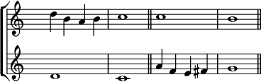 

\new ChoirStaff <<
   \new Staff <<
    \set Score.tempoHideNote = ##t
    \tempo 2 = 92
    \override Staff.TimeSignature.transparent = ##t
         \relative c''
         { d b a b c1 \bar "||" c b \bar "||" }
          >>

    \new Staff <<
           \override Staff.TimeSignature.transparent = ##t
              \relative c' { d1 c a'4 f e fis g1 }
     >>
 >>

