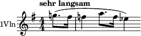  \ relative c '' '{\ clef diskant \ numericTimeSignature \ time 4/4 \ key g \ major \ tempo "sehr langsam" \ set Staff.instrumentName = #"1Vln" \ delvis 4*1 g! 8. (fis16 | f4 a8. f16 ees4)} 