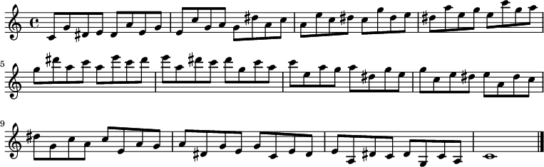 
{

\modalTranspose c c' { c dis e g a } { c8 g dis e } 
\modalTranspose c dis' { c dis e g a } { c g dis e } 
\modalTranspose c e' { c dis e g a } { c g dis e } 
\modalTranspose c g' { c dis e g a } { c g dis e } 
\modalTranspose c a' { c dis e g a } { c g dis e } 
\modalTranspose c c'' { c dis e g a } { c g dis e } 
\modalTranspose c dis'' { c dis e g a } { c g dis e } 
\modalTranspose c e'' { c dis e g a } { c g dis e } 
\modalTranspose c g'' { c dis e g a } { c g dis e } 
\modalTranspose c a'' { c dis e g a } { c g dis e } 

\modalInversion c e''' { c dis e g a } { c g dis e } 
\modalInversion c dis''' { c dis e g a } { c g dis e } 
\modalInversion c c''' { c dis e g a } { c g dis e } 
\modalInversion c a'' { c dis e g a } { c g dis e } 
\modalInversion c g'' { c dis e g a } { c g dis e } 
\modalInversion c e'' { c dis e g a } { c g dis e } 
\modalInversion c dis'' { c dis e g a } { c g dis e } 
\modalInversion c c'' { c dis e g a } { c g dis e } 
\modalInversion c a' { c dis e g a } { c g dis e } 
\modalInversion c g' { c dis e g a } { c g dis e } 
\modalInversion c e' { c dis e g a } { c g dis e } 
\modalInversion c dis' { c dis e g a } { c g dis e } 

c'1

\bar "|."
}
