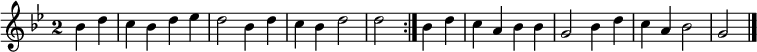 
\relative c'' {
  \key g \minor
  \override Staff.TimeSignature #'style = #'single-digit
  \time 2/2
  \partial 2
  \repeat volta 2 {
    bes4 d
    c bes d ees
    d2 bes4 d
    c bes d2
    d2
  }
  bes4 d
  c a bes bes
  g2 bes4 d
  c a bes2
  g
  \bar "|."
}
