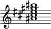 {
  % Rivin lopun pystyviiva ja tahtiosoitus piiloon.
  \override Score.BarLine.break-visibility = ##(#f #t #t)
  \override Staff.TimeSignature #'stencil = ##f
  
  <ais' cis'' eis'' gis'' bis''>1
}
