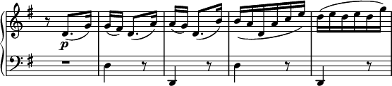 
\relative c' {
  \new PianoStaff <<
   \new Staff \with { \remove "Time_signature_engraver" } { \key g \major \time 3/8 \set Score.tempoHideNote = ##t \tempo "" 4.=72
    r8 d8.\p ( g16) g[ ( fis) ] d8.( a'16) a[ ( g) ] d8.( b'16) b( a d, a' c e) d( e d e d g)
   }
   \new Staff \with { \remove "Time_signature_engraver" } { \key g \major \time 3/8 \clef bass
    R4. d,,4 r8 d,4 r8 d'4 r8 d,4 r8
   }
  >>
 }
