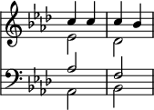 << \override Score.TimeSignature #'stencil = ##f \new Staff { \time 2/4 \key aes \major \relative c'' << { c4 c c bes } \\ { ees,2 des } >> } \new Staff { \key aes \major \clef bass << { aes2 f } \\ { aes, bes, } >> } >>