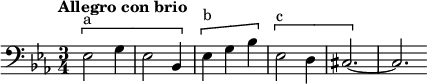 
\new Staff
 \relative c{
 \clef bass
 \key ees \major
 \time 3/4
 \tempo "Allegro con brio" \tempo 2 = 80
 \[^"a" ees2 g4 ees2 bes4 \] \[^"b" ees4 g bes \] \[^"c" ees,2 d4 cis2.~\] cis \bar "" 
}
