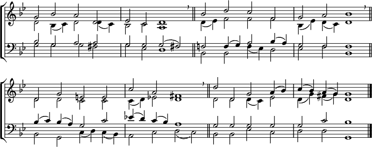 
\new ChoirStaff <<
  \new Staff { \clef treble \time 4/2 \key g \minor \set Staff.midiInstrument = "church organ" \omit Staff.TimeSignature \set Score.tempoHideNote = ##t \override Score.BarNumber  #'transparent = ##t 
  \relative c''
  << { g2 bes a d, | es c d1 \breathe \bar"||" bes'2 d c f, | g a bes1 \breathe \bar"||" \break
       d,2 g e e | c' a fis1 \breathe \bar"||" d'2 d, g a4( bes) | c( bes) a( g) g1 \bar"|." } \\
  { d2 bes4( c) d2 d4( c) | bes2 c a1 | d4( es) f2 f f | bes,4( es) d( c) d1 |
    d2 d c c | c4( d) es!2 d1 | d2 d d4( c) es2 | d4( g) fis( g) d1 } >>
  } 
\new Staff { \clef bass \key g \minor \set Staff.midiInstrument = "church organ" \omit Staff.TimeSignature \override Staff.NoteHead.style = #'altdefault
  \relative c'
  << { bes2 g a a | g g g( fis) | f! f4( g) a2 bes4( a) | g2 f f1 | 
       bes4( c) bes( a) g2 c | es!4( d) c( bes) a1 | g2 g g g | g c bes1 } \\
  { g2 g g fis | g es d1 | bes2 bes f'4( es) d2 | es f bes,1 |
    bes2 g c4( d) c( bes) | a2 c d( c) | bes bes es c | d d g,1 } >>
  } 
>>
\layout { indent = #0 }
\midi { \tempo 2 = 63 }
