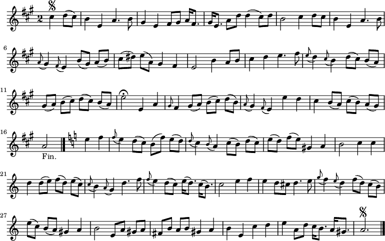 
\relative c'' {
  \key a \major
  \override Staff.TimeSignature #'style = #'single-digit
  \time 2/2
  \partial 2
  %deux lignes pour régler les ligatures des croches.
  \set Timing.baseMoment = #(ly:make-moment 1 8)
  \set Timing.beatStructure = #'(2 2 2 2)
  cis4\segno d8( cis)
  b4 e, a4. b8
  gis4 e fis8 gis a16[ fis8.]
  gis16 e8. a8 d d4( cis8) d
  b2 cis4 d8 cis
  b4 e, a4. b8

  \appoggiatura a gis4 \appoggiatura fis8 e4 b'8( gis) a( b)
  cis( dis) e( a,) gis4 fis
  e2 b'4 a8 b
  cis4 d e4. fis8
  \appoggiatura e d4 \appoggiatura cis8 b4 d8( cis) b( a)
  gis( a) b( cis) d( cis) b( a)

  e'2\fermata  e,4 a
  \grace gis8 fis4 gis8( a) b( cis) d( b)
  \appoggiatura a gis4 \appoggiatura fis8 e4 e' d
  cis b8( a) cis( b) a( gis)
  a2_"Fin." \bar "|." \key a \minor e'4 f %+ double barre (fine et changement d'armure)
  \appoggiatura f8 e4 d8( c) b( f') e( d)
  \appoggiatura d c4 \appoggiatura b8 a4 c8( b) d( c)

  e( d) f( e) gis,4 a
  b2 c4 c
  d d8( e) f( d) e( c)
  \appoggiatura c b4 \appoggiatura a8 g4 d'4. f8
  \appoggiatura f e4 d8( c) e16( d8.) c16( b8.)
  c2 e4 f
  e d8 cis d4. e8

  \appoggiatura g f4 \appoggiatura e8 d4 f8( d) c( b)
  e( c) b( a) gis4 a
  b2 e,8 a gis a
  fis b a b gis4 a
  b e, c' d
  e a,8 d c16 b8. a16 gis8.
  a2.\segno
  \bar "|."
}
