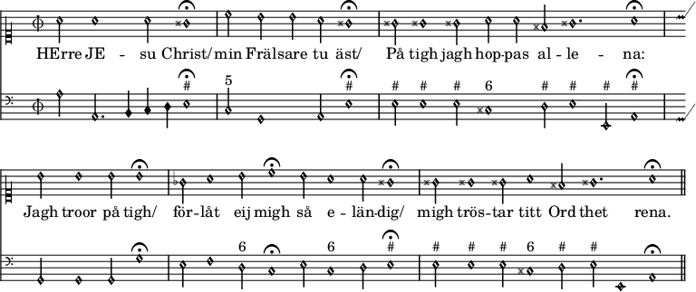 
\version "2.14.2"

% Lilypond i MediaWikis Score extension är tämligen begränsad då Lilypond körs i safe mode (lilypond -dsafe=#t)
% vilket slår av de flesta avancerade funktionerna av säkerhetsskäl. Dessutom kör svenska
% wikisource med en ganska gammal version av Lilypond (2.14) som saknar en del funktionalitet
% eller som är omöjlig att använda i safe mode.


%%% taktstreck %%%

% "divisioMaxima" = heldraget taktstreck
divMax = {
  % Egentligen vore det kanske önskvärt med divisioMaxima genom
  %    \once \override BreathingSign #'stencil = #ly:breathing-sign::divisio-maxima
  %    \once \override BreathingSign #'Y-offset = #0
  %    \breathe
  % men det fungerar inte av okänd anledning. Går inte heller att inkludera "gregorian.ly" (safe mode).
  %
  % i stället använder vi ett vanligt taktstreck. 
  \bar "|"
}

% slutstreck
divFin = {
  \bar "||"
}

%%% paper & layout %%%
\paper {
  indent=0\mm
  short-indent=0\mm
  oddFooterMarkup=##f
  oddHeaderMarkup=##f
  print-page-number=##f
}

% Vi kan inte ändra accidentalStyle manuellt. Som lösning använder vi MensuralVoice som har rätt bra inställningar.
%        \accidentalStyle "neo-modern"              % Kräver 2.15
%        #(ly:set-accidental-style 'neo-modern)  % Fungerar inte i safe mode

\layout {
  \context {
    \Score
    timing = ##f 
    \remove "Bar_number_engraver"
  }

%  \context {
%    \Staff
%    \override TimeSignature #'style = #'mensural
%    \override NoteHead #'style = #'petrucci
%  }

  % MyVoice = MensuralVoice med Petrucci NoteHeads
  \context {
    \MensuralVoice
    \name "MyVoice"
    \alias "Voice"
    \consists "Slur_engraver"
    \override NoteHead #'style = #'petrucci
    \override Rest #'style = #'mensural
%   \override Flag #'style = #'mensural   % 2.16+
    \override Stem #'flag-style = #'mensural   % 2.14
    \override Stem #'thickness = #1.7
%    \override Stem #'length = #5.5
  }

  % MyStaff = MensuralStaff, fast med taktstreck
  \context {
    \MensuralStaff
    \name "MyStaff"
    \alias "Staff"
    \denies "Voice"
    \defaultchild "MyVoice"
    \accepts "MyVoice"
    \override BarLine #'transparent = ##f
    \override StaffSymbol #'thickness = #1.0 % default
%    \override StaffSymbol #'thickness = #1.3
  }

  \context {
    \Score
    \accepts "MyStaff"
  }
}

%%% takt, tonart etc %%%

pre = {
  \time 3/4
  \key a \minor
}

premelody = {
  \autoBeamOff
  \clef "petrucci-c1"
  \pre
}

prebass = {
  \autoBeamOff
  \clef "mensural-f"
  \pre
}

voicename = MyVoice

%%% melodi %%%

melody = \relative c' {
  a'2 a1 a2 gis1\fermata\divMax
c2 b b a gis1\fermata\divMax
gis2 gis1 gis2 a a fis gis1. a1\fermata\divMax
b2 b1 b2 b1\fermata\divMax
ges2 a1 b2 c1 \fermata
b2 a1 a2 gis1\fermata\divMax
gis2 gis1 gis2 a1 fis2 gis1. a1\fermata\divFin
}

%%% bas %%%

bass = \relative c {
  a'2 a,2. b4 c d e1^"#"\fermata\divMax
c2^"5" g1 a2 e'1^"#"\fermata\divMax
e2^"#" e1^"#" e2^"#" cis1^"6" d2^"#" e1^"#" e,2^"#" a1^"#"\fermata\divMax
g2 g1 g2 g'1\fermata\divMax
e2 f1 d2^"6" c1\fermata
e2 c1^"6" d2 e1^"#"\fermata\divMax
e2^"#" e1^"#" e2^"#" cis1^"6" d2^"#" e^"#" e,1 a\fermata\divFin
}

verse = \lyricmode {
 HErre JE -- su Christ/ min Fräl -- sare tu äst/
På tigh jagh hop -- pas al -- le -- na:
Jagh troor på tigh/ för -- låt eij migh så e -- län -- dig/
migh trös -- tar titt Ord thet rena.
}

%%%%%%%%%%%%%%%%%%%%%%%%%%%%%%%%%%%%%%%%%%%%%%%%%%%%%%%%%%%%%%%%%%%%%%%%%%%%%%

%%% png / svg %%%

\score {
  <<
    \new \voicename = "melody" { \premelody \melody }
      \new Lyrics \lyricsto "melody" { \verse }
    \new \voicename {\prebass \bass }
  >>
  \layout {}
}

%%% midi / ogg %%%

\score {
  <<
  \new Staff { \unfoldRepeats { \melody } }
  \new Staff { \unfoldRepeats { \bass } }
  >>
  \midi {
    % \tempo 120 2  % 2.16+
    \context {
      \Score
      tempoWholesPerMinute = #(ly:make-moment 120 2)
    }
    \context {
      \Staff
      midiInstrument = #"church organ"
    }
  }
}
