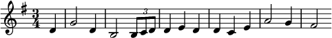 \relative c' { \key g \major \time 3/4 \partial 4 d4 | g2 d4 | b2 \times 2/3 { b8 c d } | d4 e d | d c e | a2 g4 | fis2 }