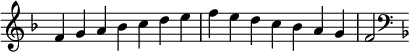  {
\override Score.TimeSignature #'stencil = ##f
\relative c' {
 \clef treble \key f \major \time 7/4 f4 g a bes c d e f e d c bes a g f2
 \clef bass \key f \major
} }
