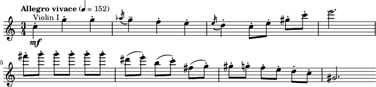 
\relative c'' {
    \clef "treble" \time 3/4 \key a \minor | % 1
    \set Staff.midiInstrument = "violin"
    \tempo "Allegro vivace" 4=152 \stemDown c4 ^. _\mf ^ "Violin I"
    \stemDown g'4 ^. \stemDown g4 ^. | % 2
    \acciaccatura { \stemUp as16 ( } \stemDown g4 ) ^- \stemDown f4 ^.
    \stemDown e4 ^. | % 3
    \acciaccatura { \stemUp e16 ( } \stemDown d4 ) ^. \stemDown c8 ^. [
    \stemDown e8 ^. ] \stemDown gis8 ^. [ \stemDown c8 ^. ] | % 4
    \stemDown e2. \break | % 5
    \stemDown fis8 ^. [ \stemDown g8 ^. ] \stemDown g8 ^. [ \stemDown g8
    ^. ] \stemDown g8 ^. [ \stemDown g8 ^. ] | % 6
    \stemDown dis8 ( [ \stemDown e8 ) ^. ] \stemDown b8 ( [ \stemDown c8
    ) ^. ] \stemDown fis,8 ( [ \stemDown g8 ) ^. ] | % 7
    \stemDown gis8 ^. [ \stemDown g8 ^. ] \stemDown f8 ^. [ \stemDown e8
    ^. ] \stemDown d8 ^. [ \stemDown c8 ^. ] | % 8
    \stemUp gis2. \bar ""
    }

