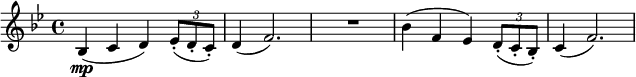 \relative c' {
\key bes \major
bes(\mp c d) \tuplet 3/2 { es8-.( d-. c-.) } | d4( f2.) | R1 | bes4( f es) \tuplet 3/2 { d8-.( c-. bes-.) } | c4( f2.) |
}