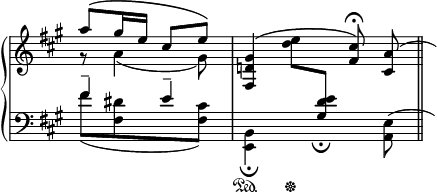 
\language "italiano"
\score {
  \new PianoStaff <<
   \new Staff = "up" <<
    \clef treble
    \relative do''' {
      \key la \major
      \time 2/4
      << { la8[\( sold16 mi] dod8[ mi]\) } \\ { sol,8\rest la4( sold8) } >> |
      \time 3/4
      \autoBeamOff <sold re! fad,>4\( \stemDown <re' mi>8[ 
      \change Staff = "down" \stemUp <mi, re sold,>]_\fermata 
      \change Staff = "up" <dod' fad,>8\)^\fermata \slurUp <la dod,>( \bar "||" \stopStaff \hideNotes la8)
    }
>>
   \new Staff = "down" <<
    \clef bass
    \relative do {
      \key la \major
      \time 2/4
      << {fad'4-- mi-- } \\ { fad8[( <red fad,> s <dod fad,>]) } >> |
      \time 3/4
      \stemDown <si, mi,>4\sustainOn_\fermata s4\sustainOff s8 <mi la,>8( \bar "||" \stopStaff \hideNotes mi8)
    }
>>
  >>
  \layout {
    \context { \Staff \RemoveEmptyStaves
                      \remove Time_signature_engraver }
        \context { \Score
               \override SpacingSpanner.base-shortest-duration = #(ly:make-moment 1/32)
    }
    indent = 0\cm
    line-width = #120
    \override Score.BarNumber #'stencil = ##f
  }
}
\header { tagline = ##f}
