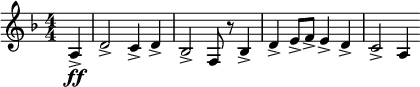 \ relative c '{\ скрипичный ключ \ ключ d \ minor \ numericTimeSignature \ time 4/4 \ partial 4 * 1 a4 \ ff-gt; | d2-gt; c4-gt; d-gt; | bes2-gt; f8 r bes4-gt; | d-gt; e8-gt; f-gt; e4-gt; d-gt; | c2-gt; a4}