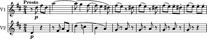 
<<
  \new Staff \with { instrumentName = #"V1 "}
  \relative c'' {
    \version "2.18.2"
    \key d  \major
    \tempo "Presto"
    \time 2/4
    \tempo 4 = 160
     r8 d8\p fis d
     a'2 ~
     a8 (g4 fis8 ~
     fis e4 dis8)
     fis (e) r8 dis
     fis (e) r8 dis
     fis (e) e-. dis-.
      fis (e) e-. e-.
}
\new Staff \with { instrumentName = #"V2 "}
\relative c'' {
    \key d  \major
    \time 2/4
     d,4\p r4
     r8 fis a fis
     d'4 (c b a)
     g8 r8 a r8
     g8 r8 a r8
     g8 r8 a r8
     g8 r8 r4
}
>>
