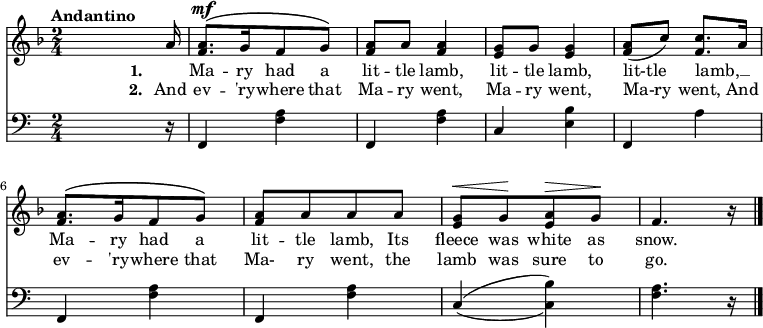 
\relative c'' {
  <<
    \new Staff { 
      \time 2/4
      \tempo "Andantino"
      \key f \major
      s4. s16 a16 | 
      <f a>8.^\mf^\([ g16 f8 g]\)
      <f a> a <f a>4
      <e g>8 g <e g>4
      <f a>8( c') <f, c'>8. a16
      <f a>8.^\([ g16 f8 g]\)
      <f a>8[ a a a]
      <e g>[^\< g\! <e a>^\> g]\!
      f4. r16
      \bar "|."
    }
    \addlyrics {
      \set stanza = #"1. "
      _ Ma -- ry had a
      lit -- tle lamb,
      lit -- tle lamb,
      lit-tle lamb, __ _
      Ma -- ry had a
      lit -- tle lamb,
      Its fleece was
      white as snow.
    }
    \addlyrics {
      \set stanza = #"2. "
      And
      ev -- 'ry -- where that
      Ma -- ry went,
      Ma -- ry went,
      "Ma-ry" went, And
      ev -- 'ry -- where that
      Ma- ry went,
      the lamb was sure to go.
    }
    \new Staff {
      \clef "bass"
      s4. s16 r16 | 
      f,,4 <f' a>
      f, <f' a>
      c <e b'>
      f, a'
      f, <f' a>
      f, <f' a>
      \set doubleSlurs = ##t
      c( <c b'>)
      <f a>4. r16
    }
  >>
}
