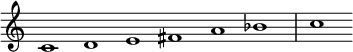  {
\override Score.TimeSignature #'stencil = ##f
\set Score.tempoHideNote = ##t
\tempo 1 = 120
\relative c' { 
 \cadenzaOn
 c1 d e fis a bes \bar "|" c
} }
