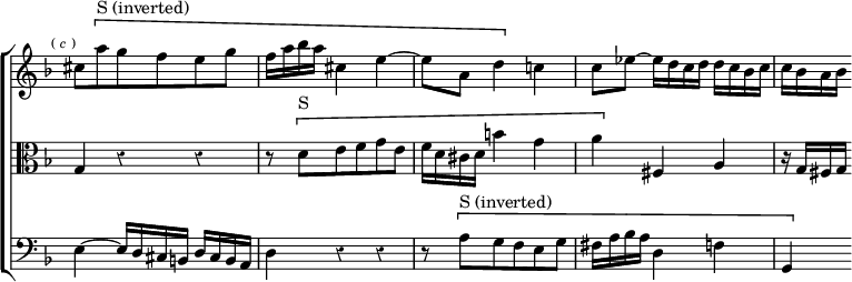 \new ChoirStaff << \override Score.TimeSignature #'stencil = ##f \override Score.Rest #'style = #'classical
  \new Staff \relative c'' { \key d \minor \time 3/4 \mark \markup \tiny { (\italic"c") }
    cis8 \[ a'^"S (inverted)" g f e g | f16 a bes a cis,4 e ~ |
    e8 a, d4 \] c! | c8 ees ~ ees16 d c d d c bes c | c bes a bes }
  \new Staff \relative f { \clef alto \key d \minor
    g4 r r | r8 \[ d'^"S" e f g e | f16 d cis d b'4 g |
    a \] fis, a | r16 g fis g }
  \new Staff \relative e { \clef bass \key d \minor
    e4 ~ e16 d cis b d cis b a | d4 r r |
    r8 \[ a'^"S (inverted)" g f e g | fis16 a bes a d,4 f | g, \] } >>