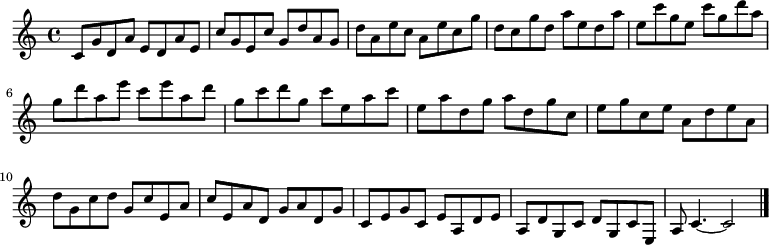 
{

\modalTranspose c c' { c d e g a } { c8 g d a e } 
\modalTranspose c d' { c d e g a } { c g d a e } 
\modalTranspose c e' { c d e g a } { c g d a e } 
\modalTranspose c g' { c d e g a } { c g d a e } 
\modalTranspose c a' { c d e g a } { c g d a e } 
\modalTranspose c c'' { c d e g a } { c g d a e } 
\modalTranspose c d'' { c d e g a } { c g d a e } 
\modalTranspose c e'' { c d e g a } { c g d a e } 
\modalTranspose c g'' { c d e g a } { c g d a e } 

\modalInversion c e''' { c d e g a } { c g d a e } 
\modalInversion c d''' { c d e g a } { c g d a e } 
\modalInversion c c''' { c d e g a } { c g d a e } 
\modalInversion c a'' { c d e g a } { c g d a e } 
\modalInversion c g'' { c d e g a } { c g d a e } 
\modalInversion c e'' { c d e g a } { c g d a e } 
\modalInversion c d'' { c d e g a } { c g d a e } 
\modalInversion c c'' { c d e g a } { c g d a e } 
\modalInversion c a' { c d e g a } { c g d a e } 
\modalInversion c g' { c d e g a } { c g d a e } 
\modalInversion c e' { c d e g a } { c g d a e } 
\modalInversion c d' { c d e g a } { c g d a e } 

c'4.~ c'2

\bar "|."
}
