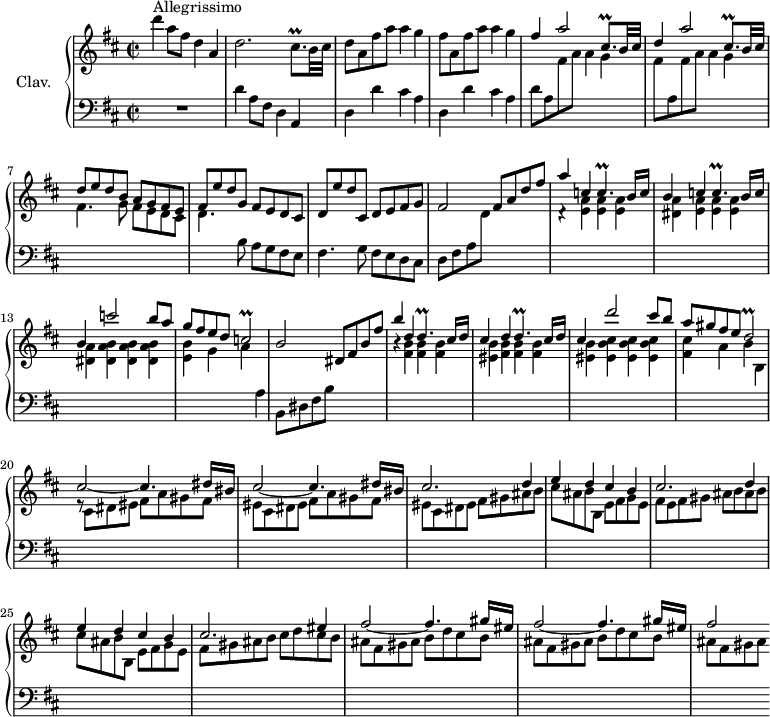 
\version "2.18.2"
\header {
 tagline = ##f
 % composer = "Domenico Scarlatti"
 % opus = "K. 479"
 % meter = "Allegrissimo"
}

%% les petites notes
trillCb = { \tag #'print { c2\prall } \tag #'midi { \times 2/3 { d16 c d c d c~ } c4 } }
trillDb = { \tag #'print { d2\prall } \tag #'midi { \times 2/3 { e16 d e } d8~ d4 } }
trilldp = { \tag #'print { d4.\prall } \tag #'midi { \times 2/3 { e16 d e d e d~ } d8 } }
trillcp = { \tag #'print { c4.\prall } \tag #'midi { \times 2/3 { d16 c d c d c~ } c8 } }
trillCisqpDown = { \tag #'print { cis,8.\prall } \tag #'midi { \times 2/3 { d16 e d~ } d16 } }
trillCisqp = { \tag #'print { cis8.\prall } \tag #'midi { \times 2/3 { cis16 d cis~ } cis16 } }
upper = \relative c'' {
 \clef treble 
 \key d \major
 \time 2/2
 \tempo 2 = 86
 \set Staff.midiInstrument = #"harpsichord"
 \override TupletBracket.bracket-visibility = ##f

 s8*0^\markup{Allegrissimo}
 d'4 a8 fis d4 a | d2. \trillCisqp b32 cis | d8 a fis' a a4 g 
 % ms. 4
 fis8 a, fis' a a4 g | \stemUp fis a2 \trillCisqpDown b32 cis | d4 a'2 \trillCisqpDown b32 cis | d8 e d b a g fis e |
 % ms. 8
 fis8 e' d g, fis e d cis | d e' d cis, d e fis g | fis2 fis8 a d fis | \stemUp a4 c, \trillcp b16 c |
 % ms. 12
 b4 c \trillcp b16 c | b4 c'2 b8 a | g fis e d \trillCb | b2 dis,8 fis b fis' |
 % ms. 16
 b4 d, \trilldp cis16 d | cis4 d \trilldp cis16 d | cis4 d'2 cis8 b | a gis fis e \trillDb |
 % ms. 20
 \repeat unfold 2 { cis2~ cis4. dis16 bis } | cis2. d4 |
 % ms. 23
 e4 d cis b | cis2. d4 | e d cis b | cis2. eis4 | 
 % ms. 27
 \repeat unfold 2 { fis2~ fis4. gis16 eis } | fis2 

}

lower = \relative c' {
 \clef bass
 \key d \major
 \time 2/2
 \set Staff.midiInstrument = #"harpsichord"
 \override TupletBracket.bracket-visibility = ##f

 % ************************************** \appoggiatura a16 \repeat unfold 2 { } \times 2/3 { } \omit TupletNumber 
 R1 | d4 a8 fis d4 a | \repeat unfold 2 { d d' cis a } | 
 % ms. 5
 d8 a \stemDown \change Staff = "upper" fis' a a4 g | fis8 \change Staff = "lower" a, \change Staff = "upper" fis' a a4 g | fis4. g8 fis e d cis |
 % ms. 8
 d4. \change Staff = "lower" b8 a g fis e | fis4. g8 fis e d cis | d fis a \change Staff = "upper" d \change Staff = "lower" s2 | \change Staff = "upper" d4\rest < e a >4 q q |
 % ms. 12
 < dis a' >4 < e a > q q | < dis a' > < dis a' b > q q | < e b' > g a \change Staff = "lower" a, | b,8 dis fis b s2 | \stemDown \change Staff = "upper"
 % ms. 16
 r4 < fis' b > q q | < eis b' > < fis b > q q | < eis b' > < eis b' cis > q q | < fis cis' > a b b, |
 % ms. 20
 r8 \repeat unfold 2 { cis8 dis eis fis a gis fis | eis } cis dis eis fis gis ais b |
 % ms. 23
 cis8 ais b b, e fis g e | fis e fis gis ais b ais b | cis8 ais b b, e fis g e | fis gis ais b cis d cis b |
 % ms. 27
 \repeat unfold 2 { ais fis gis ais b d cis b } | ais8 fis gis ais 

}

thePianoStaff = \new PianoStaff <<
 \set PianoStaff.instrumentName = #"Clav."
 \new Staff = "upper" \upper
 \new Staff = "lower" \lower
 >>

\score {
 \keepWithTag #'print \thePianoStaff
 \layout {
 #(layout-set-staff-size 17)
 \context {
 \Score
 \override SpacingSpanner.common-shortest-duration = #(ly:make-moment 1/2)
 \remove "Metronome_mark_engraver"
 }
 }
}

\score {
 \keepWithTag #'midi \thePianoStaff
 \midi { }
}
