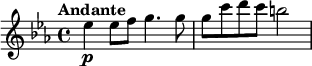 
\relative c'' {
 \tempo "Andante"
 \tempo 4 = 60
 \override TupletBracket #'stencil = ##f
 \override Score.BarNumber #'stencil = ##f
 \key es \major
 es4\p es8 f g4.g8 |
 g8 c d c b2 |
}
