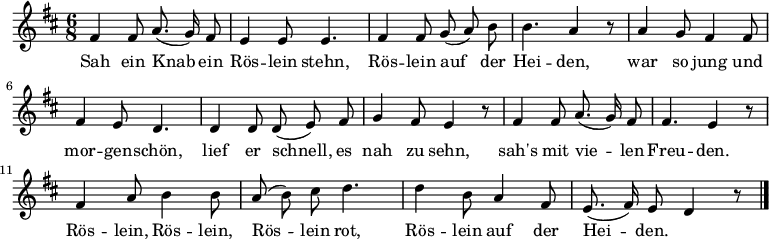 
\ new Staff << \ new Voice \ relative c '{\ autoBeamOff \ language "deutsch" \ tempo 4 = 100 \ set Score.tempoHideNote = ## t \ time 6/8 \ key d \ major fis4 fis8 a8.  (g16) f sharp8 e4 e8 e4.  f skarp4 f skarp8 g (a) h h4.  a4 r8 a4 g8 f skarp4 f skarp8 f skarp4 e8 d4.  d4 d8 d (e) f skarp g4 f skarp8 e4 r8 f skarp4 f skarp8 a8.  (g16) f-skarp8 f-skarp4.  e4 r8 f skarp4 a8 h4 h8 a (h) c skarp d4.  d4 h8 a4 f sharp8 e8.  (fis16) e8 d4 r8 \ bar "|."  } \ addlyrics {En dreng så en rosenbånd stå, rosenbånd på varmen, var så ung og i morgen - smuk, han løb hurtigt for at se den lukke, så den med en masse - - med venner.  Rös - lein, Rös - lein, Rös - lein rød, Rös - lein på heden.  } >>
