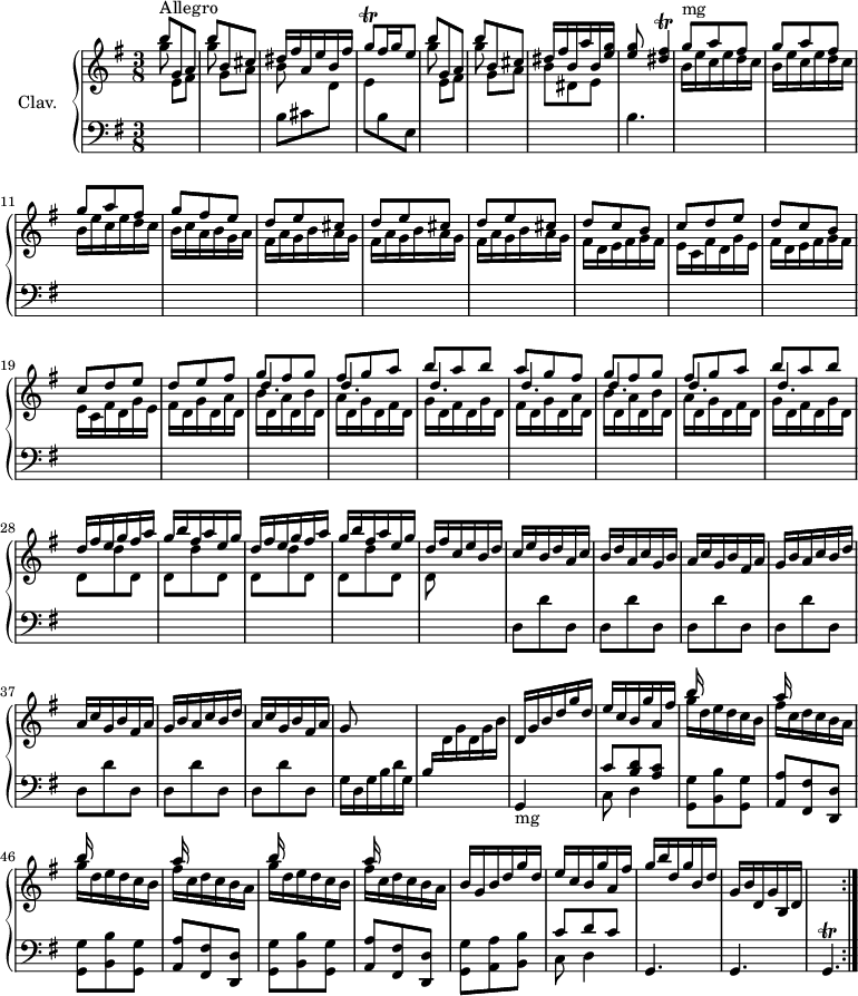 
\version "2.18.2"
\header {
  tagline = ##f
  % composer = "Domenico Scarlatti"
  % opus = "K. 15"
  % meter = "Allegro"
}

%% les petites notes
trillGisqUp     = { \tag #'print { g'8\trill } \tag #'midi { a32 g a g } }
trillFisAcc     = { \tag #'print { < dis fis >4\trill } \tag #'midi { << { g32 fis g fis~   \tempo 4. = 40 fis8 } \\ { dis4 } >>   \tempo 4. = 70 } }
trillGisp       = { \tag #'print { g4.\trill  } \tag #'midi { a32 g a g  a g~ \tempo 4. = 30 g8. \tempo 4. = 70 } }


upper = \relative c'' {
  \clef treble 
  \key e \minor
  \time 3/8
  \tempo 4. = 70
  \set Staff.midiInstrument = #"harpsichord"
  \override TupletBracket.bracket-visibility = ##f

  \repeat volta 2 {
      s8*0^\markup{Allegro}
      \stemUp b'8 g, a | b' b, cis | << { dis16 fis a, e' b fis' } \\ { b,8 } >> | \trillGisqUp fis16 g   \tempo 4. = 40 e8   \tempo 4. = 70 | b'8 g, a | b' b, cis |
      % ms. 7
      dis16 fis b, a' b, < e g > | < e g >8 \trillFisAcc | \repeat unfold 3 { \stemDown b16 e c e d c } | b16 c a b g a |
      % ms. 13
      \repeat unfold 3 { fis a g b a g } | \repeat unfold 2 { fis d e fis g fis | e c fis d g e } |
      % ms. 20
      \repeat unfold 2 { fis16 d g d a' d, | \repeat unfold 2 { b'16 d, a' d, } | \repeat unfold 2 { g16 d fis d } g d }% repet phrase  
      % ms. 28
      \stemUp  \repeat unfold 2 { d'16 fis e g fis a | g b fis a e g } | 
      % ms. 32
      d16 fis \repeat unfold 2 { c16 e b d } a c | b d \repeat unfold 2 { a c g b } fis a | \repeat unfold 2 { g b a c b d
      % ms. 37
      a16 c g b fis a } | g8 s4 | s4. | d16 g b d g d |
      % ms. 43
      e c b g' a,   \tempo 4. = 45 fis' |   \tempo 4. = 70 \repeat unfold 3 { << { b16 s16 s4 | a16 s16 s8 } \\ { g16 d e d c b | fis' c d c b a } >> }
      % ms. 50
      b16 g b d g d | e c b g' a, fis' | g b d, g b, d | g, b d, g b, d | s4. }%reprise


}

lower = \relative c' {
  \clef bass
  \key e \minor
  \time 3/8
  \set Staff.midiInstrument = #"harpsichord"
  \override TupletBracket.bracket-visibility = ##f

  \repeat volta 2 {
    % ************************************** \appoggiatura a8  \repeat unfold 2 {  } \times 2/3 { }   \omit TupletNumber 
      \stemDown \change Staff = "upper" g''8 e,[ fis] | g' g,[ a] | \change Staff = "lower" b,8 cis \stemDown \change Staff = "upper" d | e \change Staff = "lower" b e, | \stemDown \change Staff = "upper" g''8 e,[ fis] | g' g,[ a] |
      % ms. 7
      b8 dis, e \change Staff = "lower" b4. | s8*0^\markup{mg} \repeat unfold 3 { \stemUp \change Staff = "upper" g''8 a fis } | g8 fis e |
      % ms. 13
      \repeat unfold 3 { d8 e cis } | \repeat unfold 2 { d8 c b | c d e } | 
      % ms. 20
      d8 e fis | 
      << {  g8 fis g | fis g a | b a b | a g fis | g8 fis g | fis g a | b a b } 
      \\ { \stemUp \repeat unfold 7 { \shiftOn  d,4. } } >>
      % ms. 28
      \stemDown \repeat unfold 4 { d,8 d' d, } |
      % ms. 32
      d8 s4 | \change Staff = "lower"  \repeat unfold 7 { d,8 d' d, } | g16 d g b d g, | \stemUp b \stemDown \change Staff = "upper" d g d g b | \stemNeutral \change Staff = "lower" g,,4-\markup{mg} s8 |
      % ms. 43
      << { c'8 < b d > < a c > } \\ { c,8 d4 } >> | \repeat unfold 3 { < g, g' >8 < b b' > < g g' > | < a a' > < fis fis' > < d d' > } 
      % ms. 50 
      < g g' > < a a' > < b b' > |  << { c'8 d c } \\ { c,8 d4 } >> | g,4. g | \trillGisp  }%reprise

}

thePianoStaff = \new PianoStaff <<
    \set PianoStaff.instrumentName = #"Clav."
    \new Staff = "upper" \upper
    \new Staff = "lower" \lower
  >>

\score {
  \keepWithTag #'print \thePianoStaff
  \layout {
      #(layout-set-staff-size 17)
    \context {
      \Score
     \override SpacingSpanner.common-shortest-duration = #(ly:make-moment 1/2)
      \remove "Metronome_mark_engraver"
    }
  }
}

\score {
  \unfoldRepeats
  \keepWithTag #'midi \thePianoStaff
  \midi { }
}
